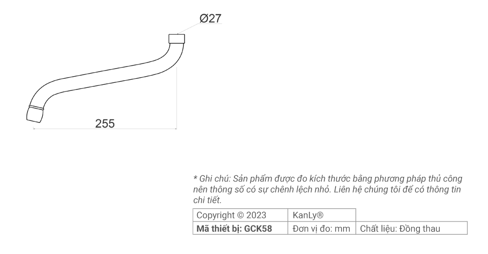 Bản vẽ kích thước vòi xả nước nối dài bằng đồng GCK58
