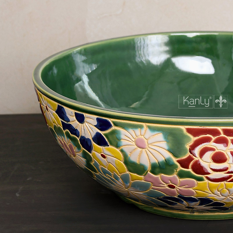 Lavabo gốm hoa văn bách hoa thủ công GV204