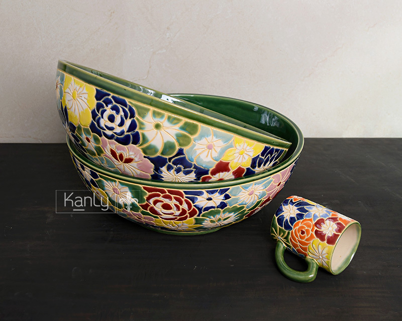 Lavabo gốm hoa văn bách hoa thủ công GV204