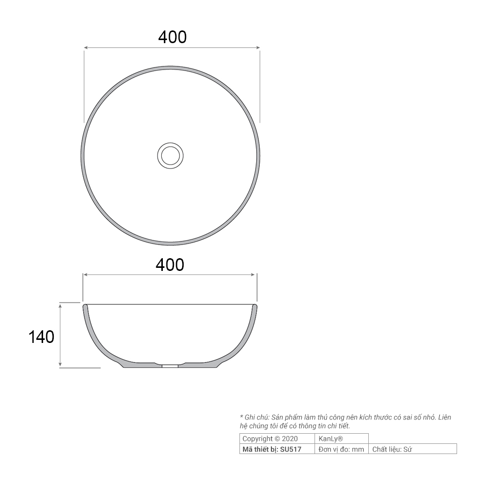 Thông số chi tiết lavabo tròn bằng sứ màu xám SU517